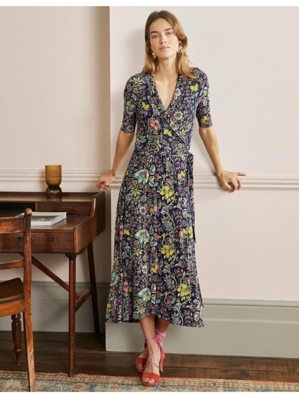 Boden Women 6 Lavinia Jersey Wrap Dress Midi Floral Fruit V Neck Tie Waist Half